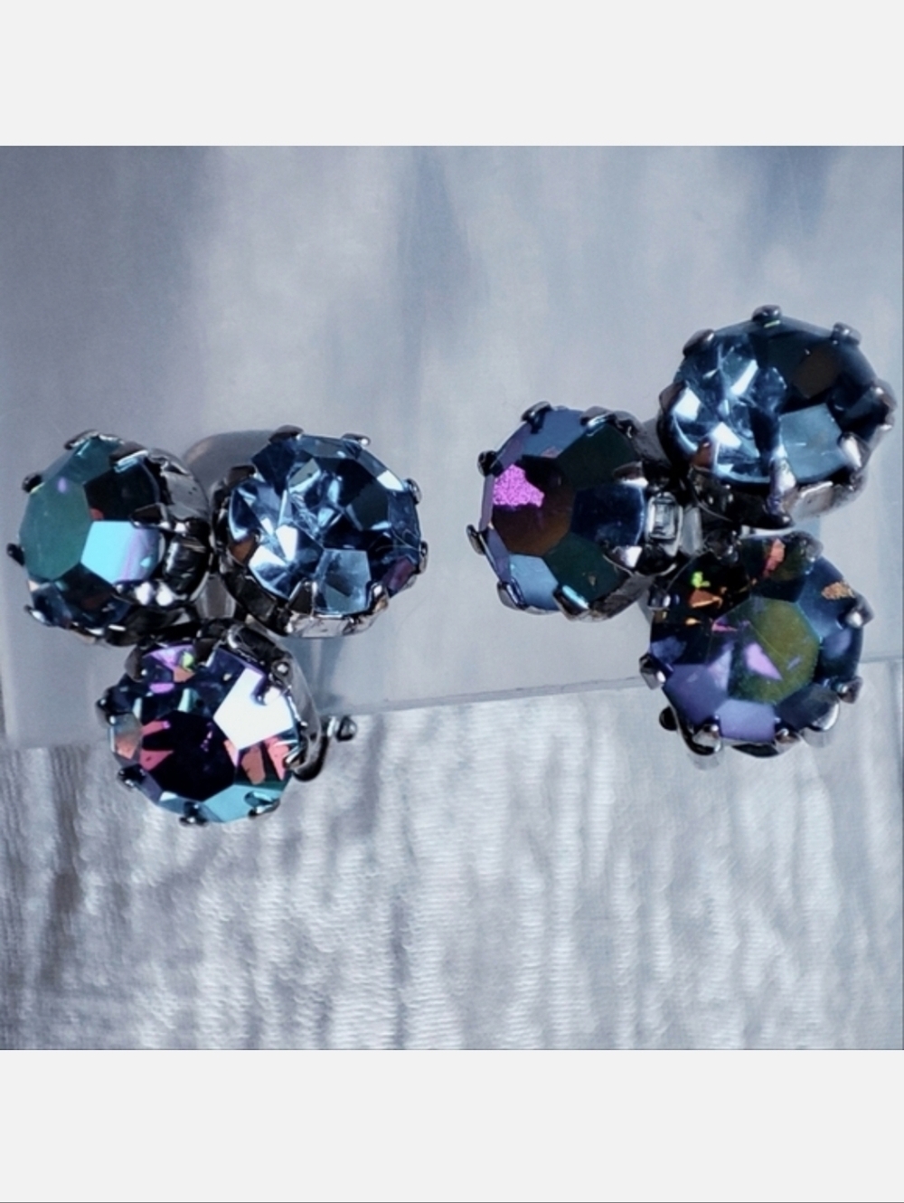Aurora Borealis Blue Round Vintage Crystal Clip Earrings Prong Set Signed WEISS?